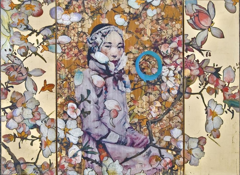Hung Liu, Untitled (100 Flowers / Mountain Lady), 2012, mixed media (triptych), 28 x 39 &frac12; inches