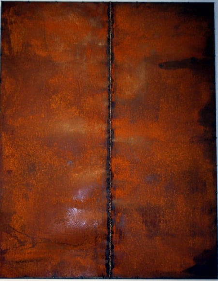 Nathan Slate Joseph,  Line Drawing Earth/Earth , 2006, Natural oxidation on galvanized steel, 60 x 47 x 2&quot;