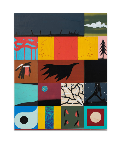 Getting Our Share, 2025, mixed media on plywood tiles mounted on panel, 31 x 24.25 inches/78.7 x 61.6 cm