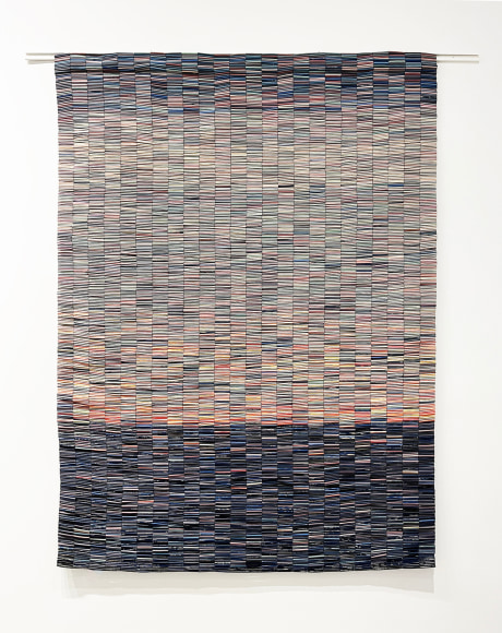 Nadia Myre, Light Assembly: Julie, 2023, woven handmade ceramic beads, stainless steel wire, 214.4 x 152.4 cm (84 x 60 inches)