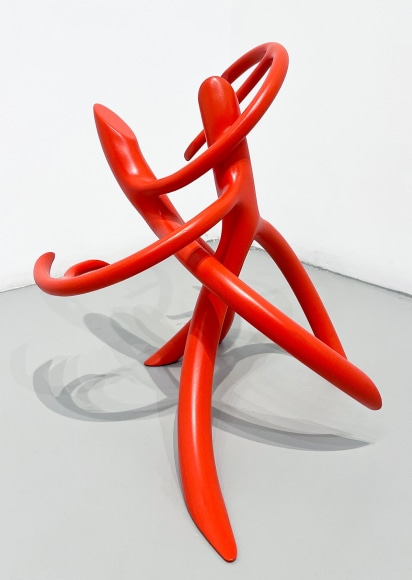 Steve Tobin, Red Dancing Root, 2024, forged and welded steel, multicoat acrylic paint, 43.2 x 40.6 x 40.6 cm (17 x 16 x 16 inches)