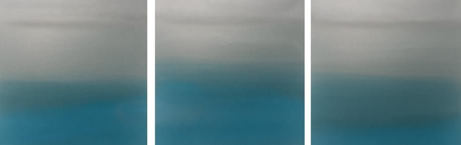 , Hakanai Fleeting Blue triptych, 2014, hand-dyed anodized aluminum, 30 x 90 inches/76 x 228 cm