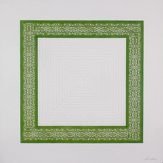 Anila Quayyum Agha, Flowers (Green and White Squares), 2017, mixed media on paper (encaustic green square with white stitching in center), 74.9 x 74.9 cm (29.5 x 29.5 inches)