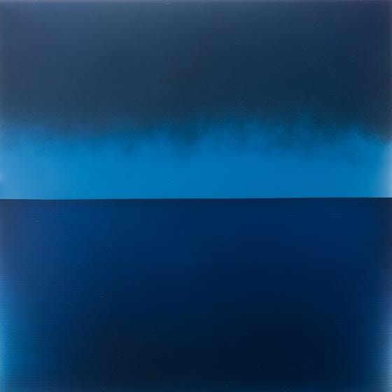 , Miya Ando, Evening Blue, 2015, pigment, urethane, resin on aluminum, 36 x 36 inches