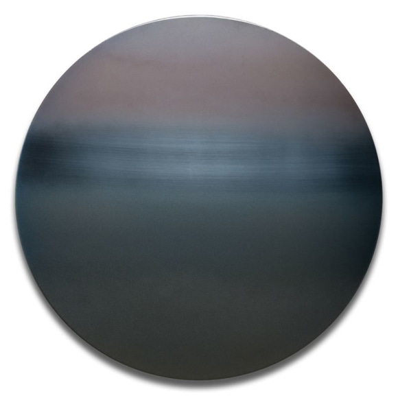 Miya Ando, Blue Taupe Mandala, 2017, dye, pigment, resin and urethane on stainless steel, 101.6 cm tondo (40 inches tondo)