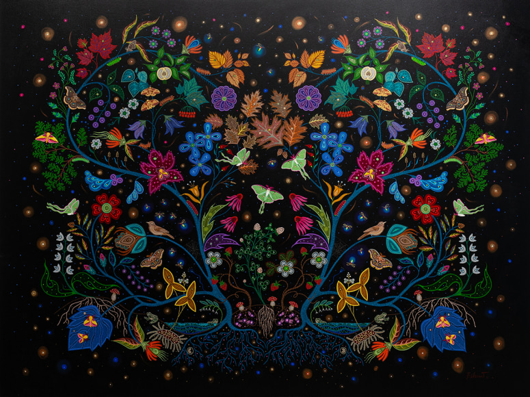 Christi Belcourt, The Night Shift, 2023, acrylic on canvas, 193 x 259.1 cm (76 x 102 inches)