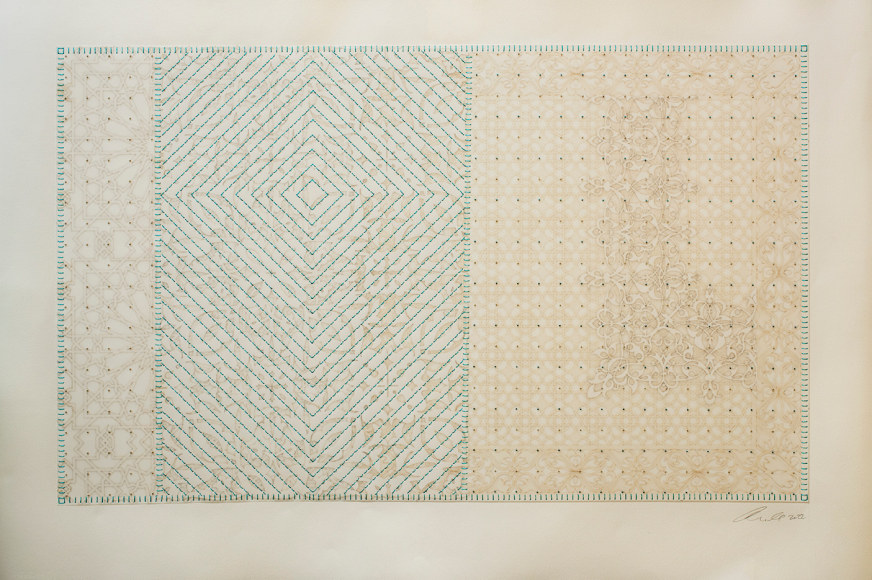 Shimmering Memories 9, 2022, turquoise and white embroidery and beads, 30 x 41.5 inches/76.2 x 105.4 cm
