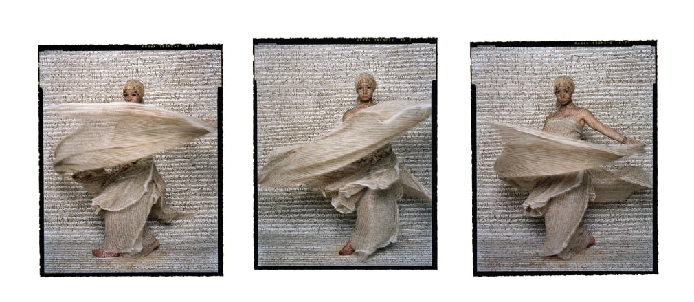 Lalla Essaydi, Dancer Triptych (#10, #8, #12), 2009, chromogenic prints mounted to aluminum with a UV protective laminate, 101.6 x 228.6 cm (40 x 90 inches)