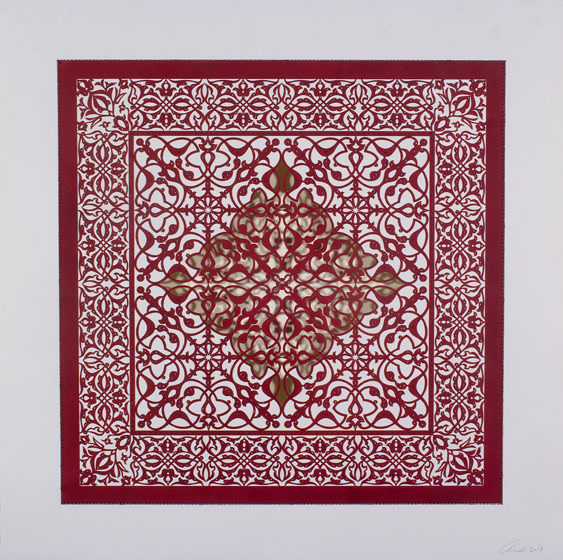 Anila Quayyum Agha, Flowers (Garnet Diamond), 2017, mixed media on paper (encaustic garnet square with clear and garnet beading), 29.5 x 29.5 inches/74.9 x 74.9 cm