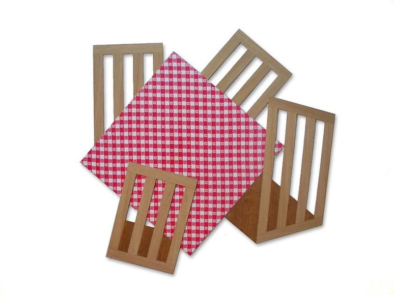 Four Square, 2010, wood panel, wood veneer, antique tablecloth, 59.5 x 61 inches