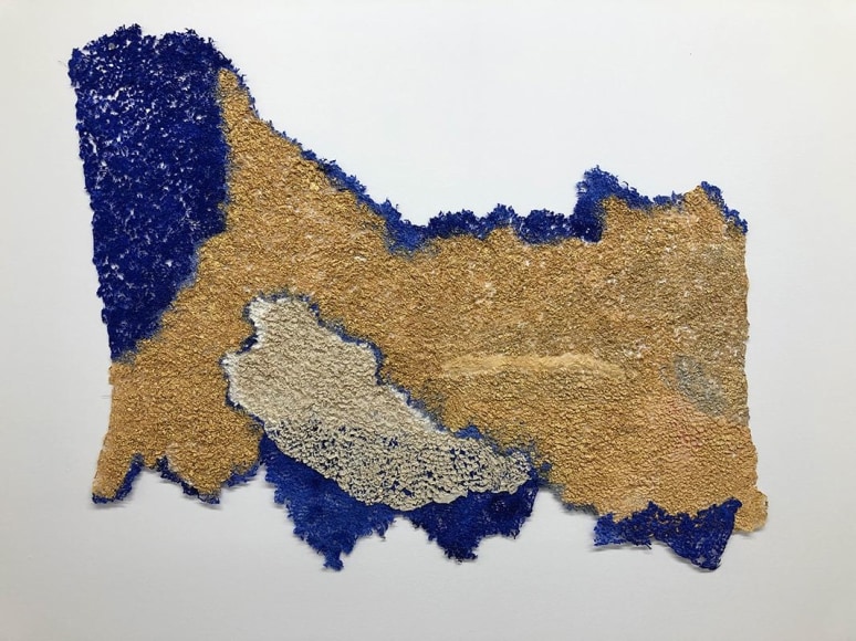 Neha Vedpathak, Sky 1, 2018, plucked Japanese handmade paper, acrylic paint, thread, 61 x 83.8 centimeters (24 x 33 inches)