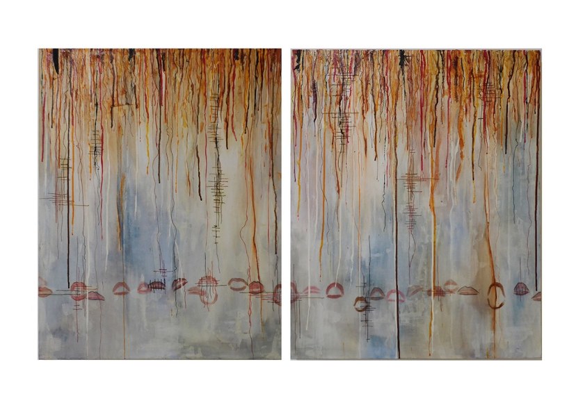 Maria Madeira, Mouth Witness 1 and 2, 2007, mixed media on canvas: acrylic, gesso, impasto gel, glue, lipstick, ink, tais (traditional East Timorese cloth), 76 x 61 cm each (30 x 24 inches)