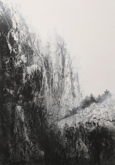 , Cliff, 2012, natural, acrylic pigments on Japanese mulberry paper, 102 x 71 9/16 inches/259 x 182 cm