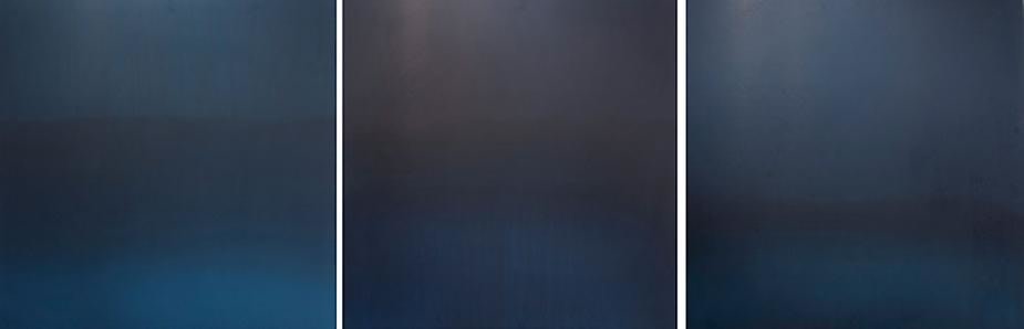 , Miya Ando, Indigo triptych 2, 2013, Hand-dyed anodized aluminum, 24 x 72 inches