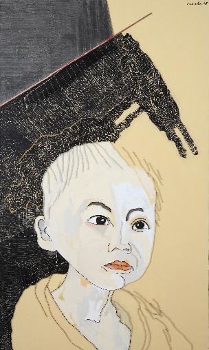Lee Waisler, Cambodian Boy, 2008, Acrylic and wood on canvas, 90 x 54"