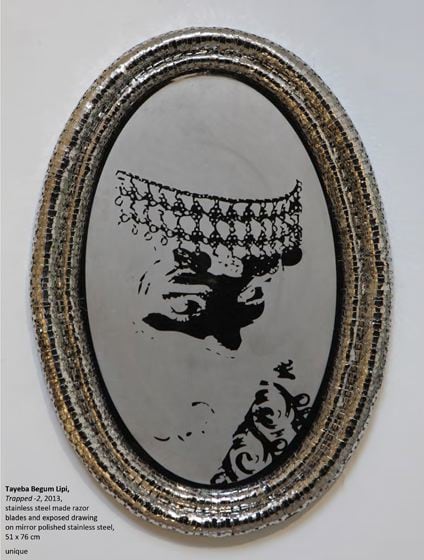 Tayeba Lipi, Trapped - 2, 2013, stainless steel razor blades and exposed drawing on mirror polished stainless steel, 29.9 x 20.1 inches/76 x 51 cm
