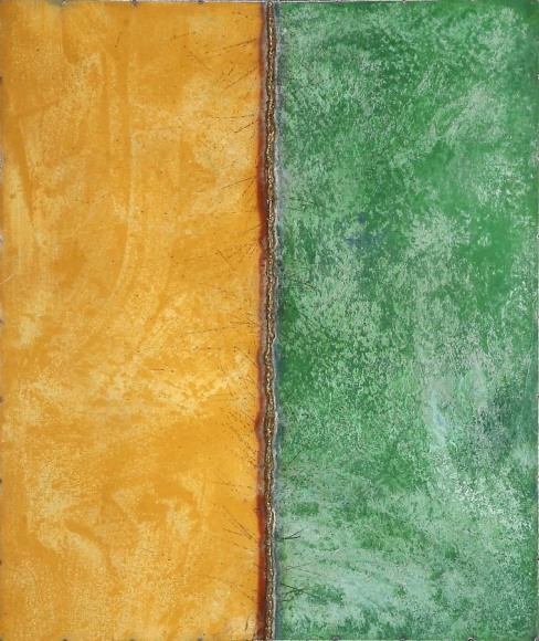 Nathan Slate Joseph, Line Drawing Yellow/Green, 2006, Pure pigment on galvanized steel, 48 x 40 x 2"