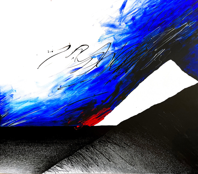 The Sky is Blue 2, 2021, acrylic, pen and varnish on canvas, 50.4 x 57.5 inches/128 x 146 cm
