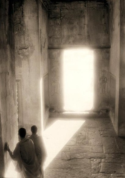 "Monks in a Sunlight Doorway, Angkor Wat", Silver Gelatin Print, 24 x 20"