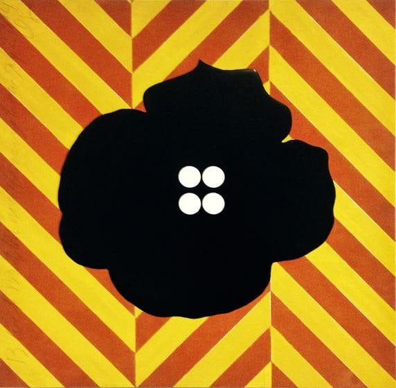 Donald Sultan, Black Button and Herring Bone July 2 2014, 2014, flock, enamel, and spackle on tile over masonite, 91.4 x 91.4 cm (36 x 36 inches)