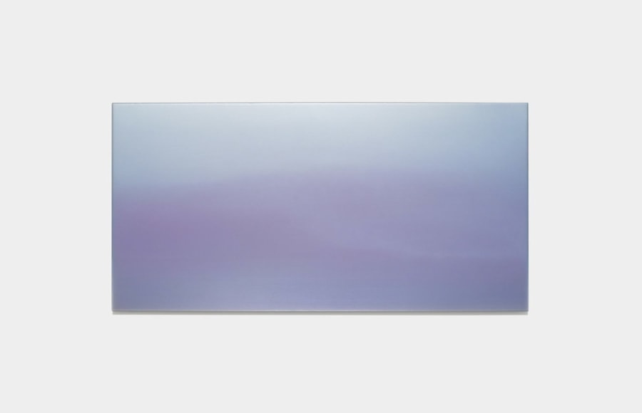 Miya Ando, Hamon (Cloud-like Pattern) Sumire Violet Flower, dye, pigment, resin &amp; urethane on aluminum, 61 x 122 cm (24 x 48 inches)