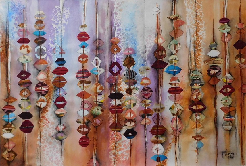 Maria Madeira, Meat Market (Fan Na&rsquo;an Fatin), 2024, mixed media on canvas: acrylic, gesso, impasto gel, red earth, lipstick, pencil, charcoal, betel nut, shellac, ink, glue, sealer, 65.5 x 96.5 cm (25.8 x 38 inches) Photo courtesy of the artist and Anna Schwartz Gallery