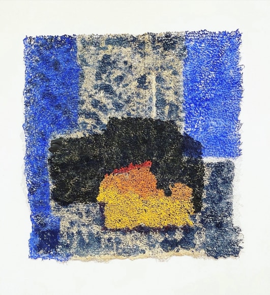 Neha Vedpathak, Next Chapter, 2020, plucked Japanese handmade paper, thread, acrylic paint, 63.5 x 61 centimeters (25 x 24 inches)
