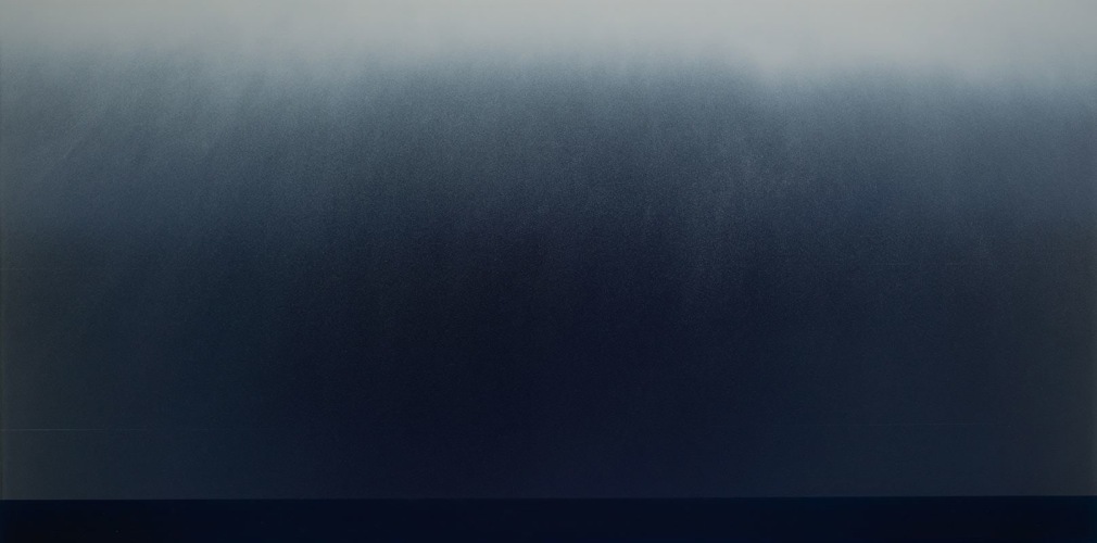 Miya Ando, Indigo Fog, 2020, dye, pigment, resin and urethane on aluminum, 61 x 122 cm (24 x 48 inches)