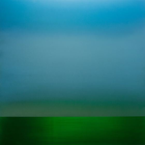 Miya Ando, Blue Green Sapphire 1, 2016, urethane and pigment on aluminum, 48 x 48 inches/122 x 122 cm
