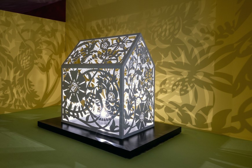 This is NOT a Refuge II, 2018, laser-cut, lacquered steel and light bulb, 60 x 72 x 90 inches/152.4 x 182.9 x 228.6 cm