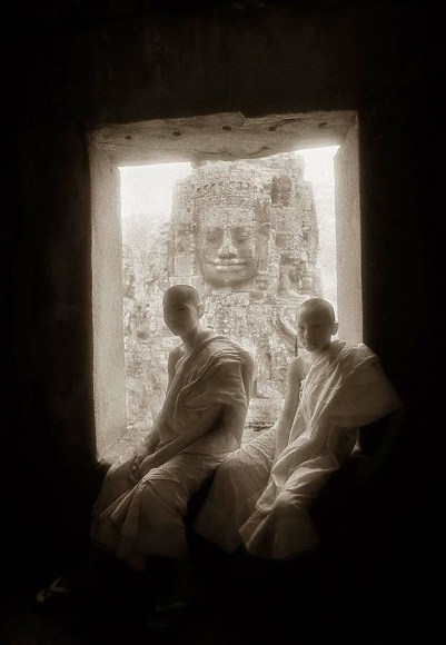 "Monks in a Window, The Bayon", Silver Gelatin Print, 20 x 16"