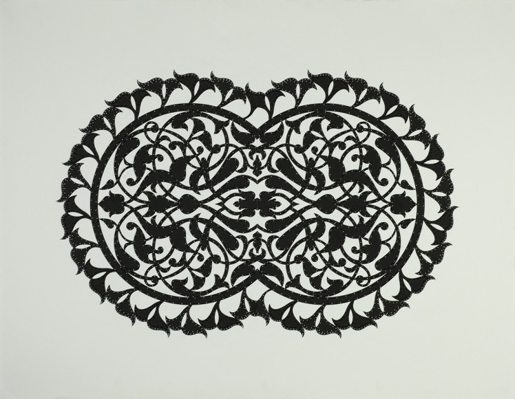 Black and White, 2021, encaustic, cut paper, embroidery and beads on paper, 29.75 x 38.5 inches/75.6 x 97.8 cm