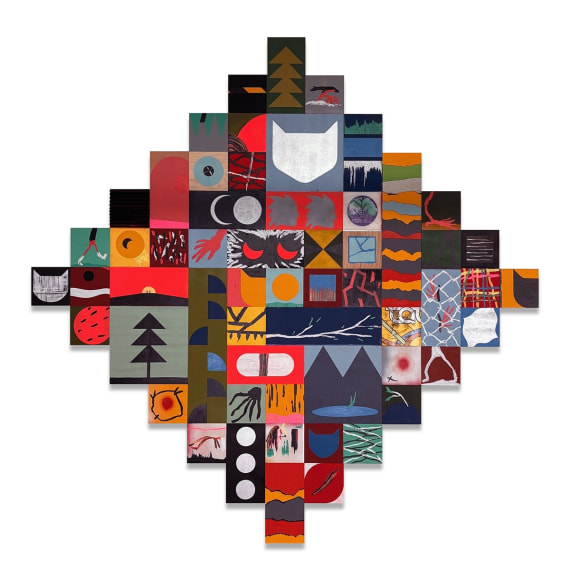 One Spark of Wonder, 2025, mixed media on plywood panels, tar paper and Coroplast, 78 x 78 inches/198.1 x 198.1 cm