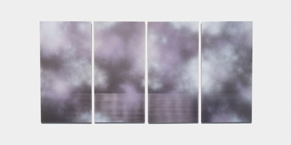 Miya Ando, Tasogare Fuji-Iro (Twilight Wisteria-Colored) April 14 2023 7:32 PM, 2023, micronized pure silver, pigment, urethane, resin, aluminum, 122 x 244 cm (49 x 96 inches)