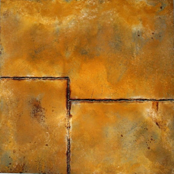 Nathan Slate Joseph, Line Drawing Yellow, 2006, Pure pigment on galvanized steel, 48 x 48 x 2&quot;