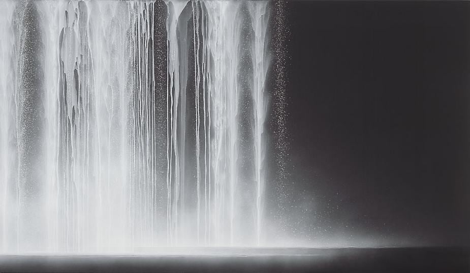 Hiroshi Senju, Waterfall, 2012, Natural pigments on Japanese mulberry paper, 44 1/8 x 76 5/16 x 1 3/16 inches
