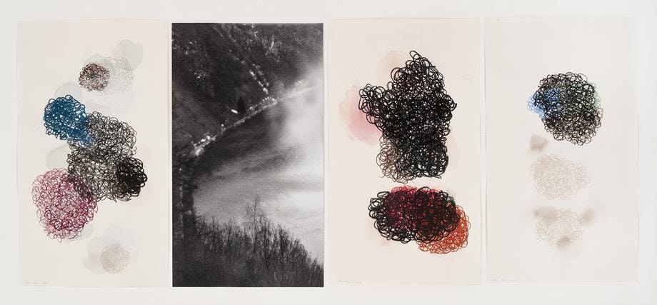 , Saar Elegy: Loop, 2014, three works on paper, one photograph, 29.5 x 74 inches/75 x 188 cm