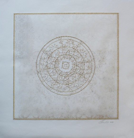 Walk with me my Beloved 5, 2022, mixed media (cutouts, white beads &amp;amp; gold thread), 30 x 30 inches/76.2 x 76.2 cm