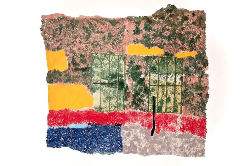 Neha Vedpathak, I can see through this, 2018, plucked Japanese handmade paper, acrylic paint, thread, 132.1 x 189.2 centimeters (52 x 74.5 inches)