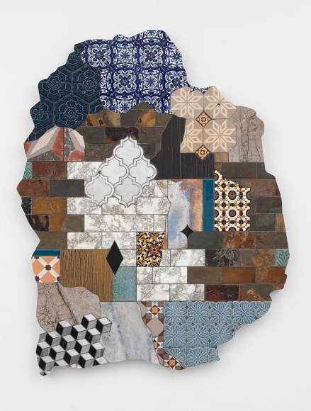 Caribbean Utopia III, 2021, repurposed vintage tile, glazed porcelain, marble, mirror and stone on aluminum panel, 58 x 48 inches/147.3 x 122 cm