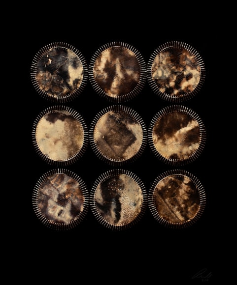 From Above 4, 2022, mixed media on paper (paper cutouts and embroidery with Taupe thread), 23 x 20 inches/58.4 x 50.8 cm