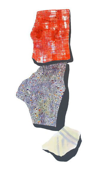 Hermine Ford, Bird Music, 2012, oil paint, ink, watercolor, gouache, pencil and colored pencil on canvas on shaped wood panel, 87 x 38.75 x .75 inches