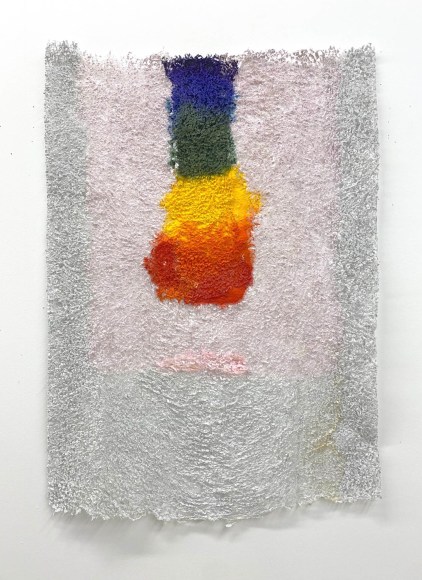 Neha Vedpathak, Fundamental Pause, 2022, plucked Japanese handmade paper, acrylic paint, thread, acrylic polymer, 89 x 61 centimeters (35 x 24 inches)