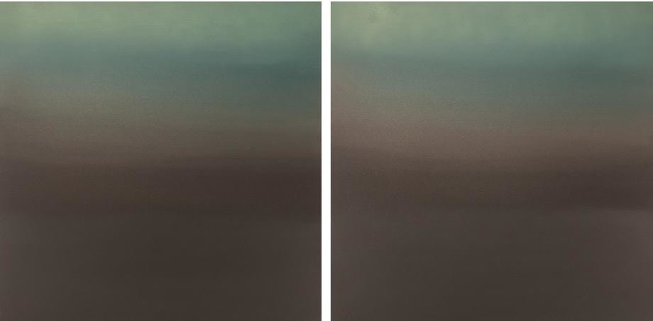 , Hakanai Fleeting Green Brown, 2014, hand-dyed anodized aluminum, 24 x 48 inches/60.96 x 121.92 cm