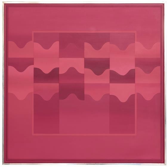 , Anthony Poon, Red Chroma Waves, c. late 1970s, acrylic on canvas, 48.42 x 48.42 inches/123 x 123 cm.