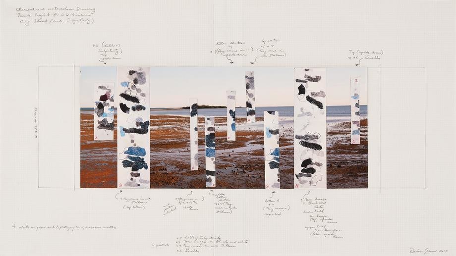 , King Islands, 2014, one photograph, nine drawings, 17 x 30 inches/43 x 76 cm