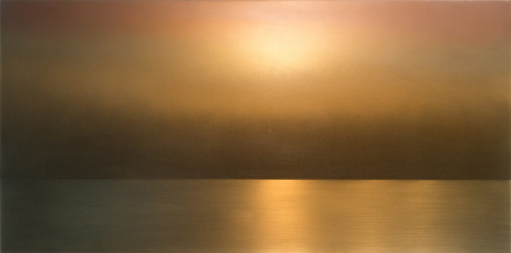 Miya Ando,&nbsp;Yūgen Peach Rose Gold, 2016, pigment, urethane, dye and resin on aluminum, 24 x 48 inches/61 x 122 cmm