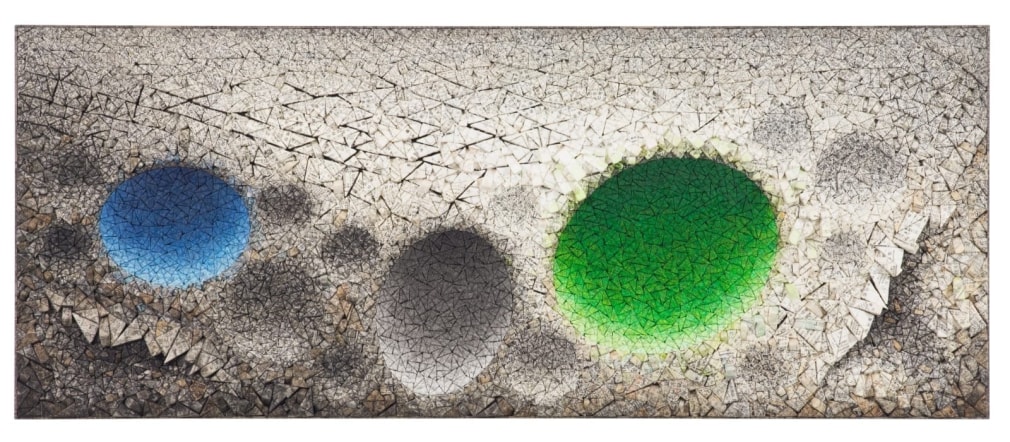 Chun Kwang Young, Aggregation 11 - JA001 Blue and Green, 2011, mixed media with Korean mulberry paper, 81 x 201 cm (31.9 x 79.1 inches)