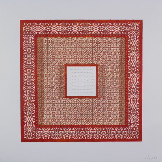 Anila Quayyum Agha, Flowers (Three Red Squares and One White), 2017, mixed media on paper (red square with white beads in center square; second square cutout with no backing)