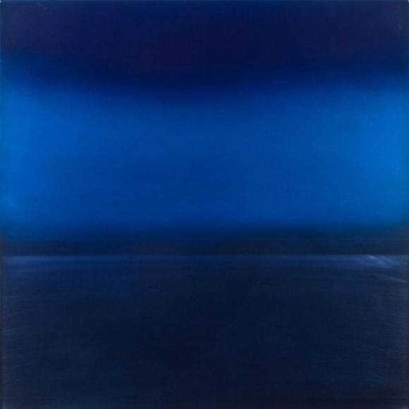 , Miya Ando, Ephemeral Indigo 4, 2013, Dye, pigment, lacquer, resin on aluminum plate, 36 x 36 inches